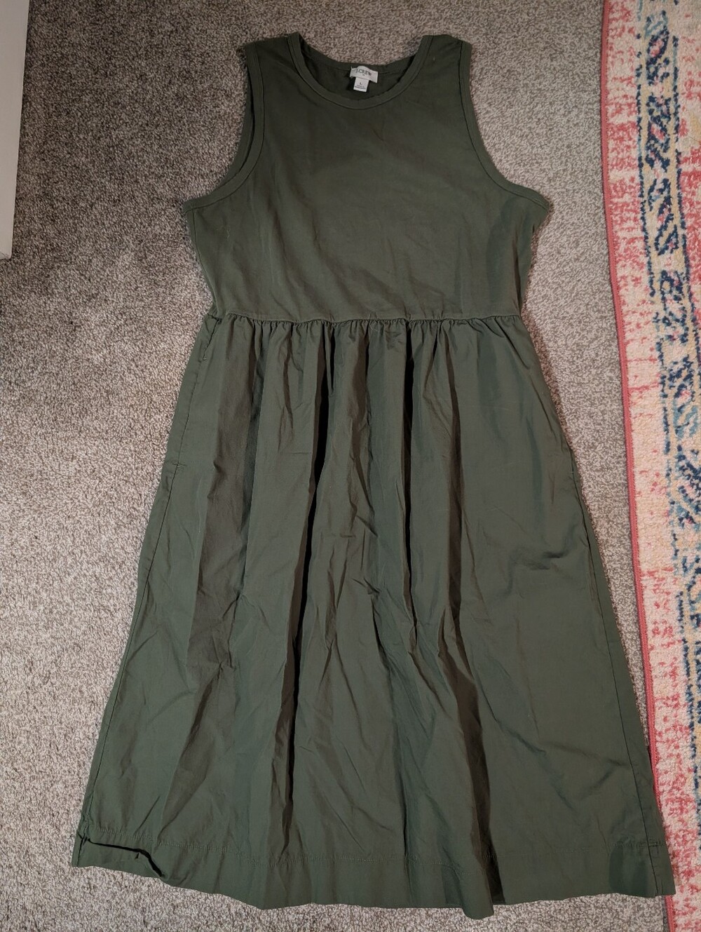 JCrew Sleeveless Olive Green Gathered Waist Midi Dress - Sz L